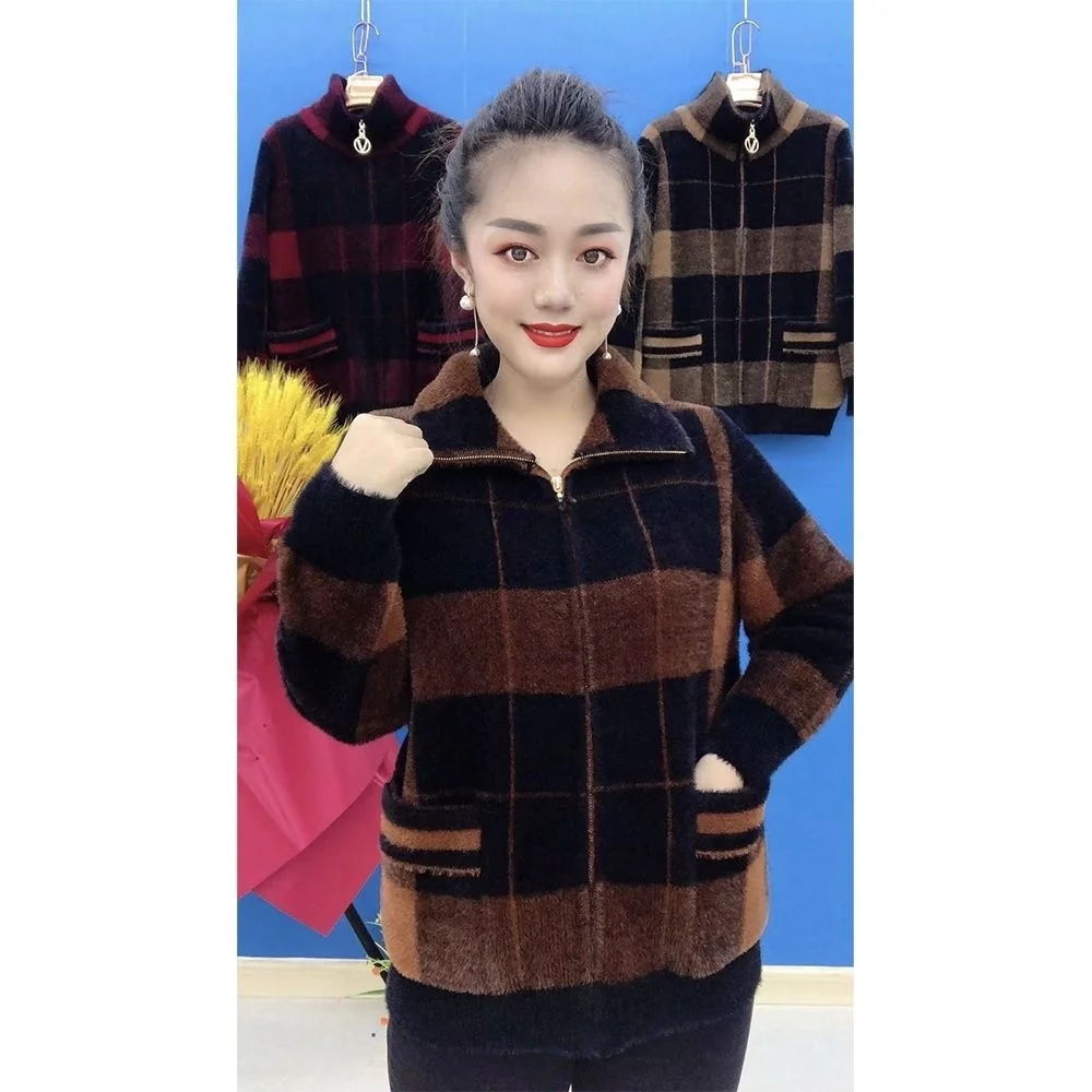 

2023 ort Zipper Thiened Long Sve Mink Collar Warm Mommy Sle Women's Knitted Cardigan Coat for Middle-Aged And ly