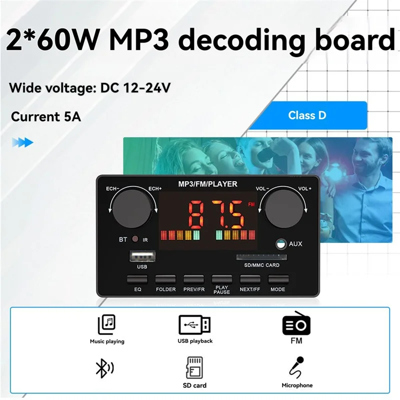 B92B-FM Radio Module 12V BT5.0 MP3 Player 2X60w Hands-Free Decoder Board 120W Amplifier Car Audio TF USB AUX Recording Support