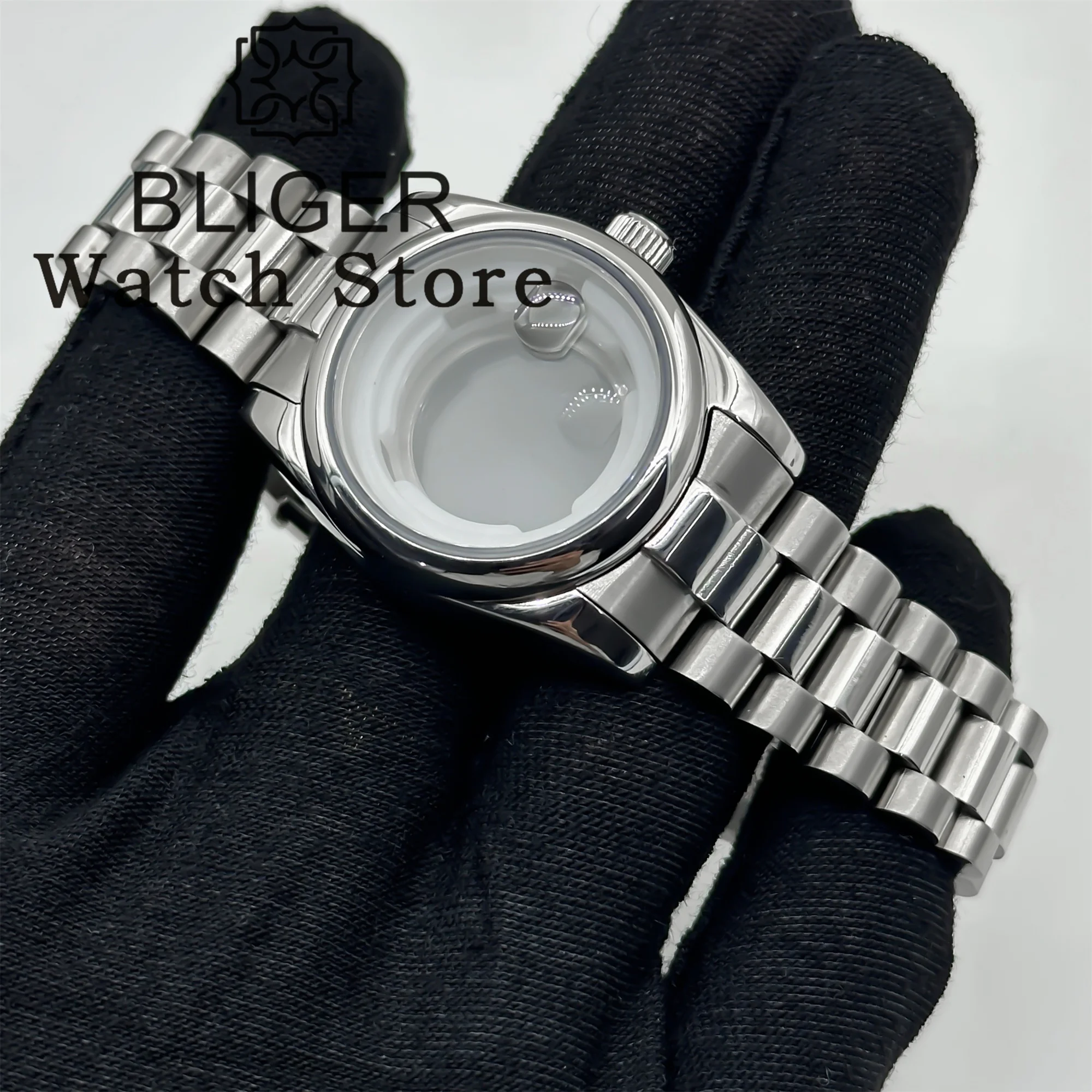 BLIGER 31 مللي متر NH05 ساعة نسائية حافظة سوار رئاسي من الفولاذ المقاوم للصدأ الياقوت الزجاجي إطار دائري يناسب حركة NH05 NH06