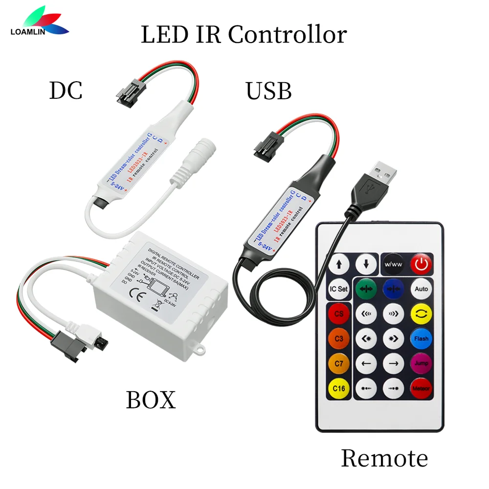 LED 24Keys IR Remote lights Dimmer RGBIC Smart LED Controller control WS2812 WS2811 1903 16703 LED Strip light USB/DC DC5V-24V