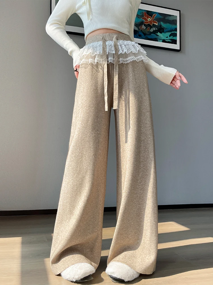 Calças de Perna Larga em Tricô com Detalhes em Renda para Mulheres, Novas e Bonitas, Calças Casuais de Outono com Sensação de Alta Qualidade