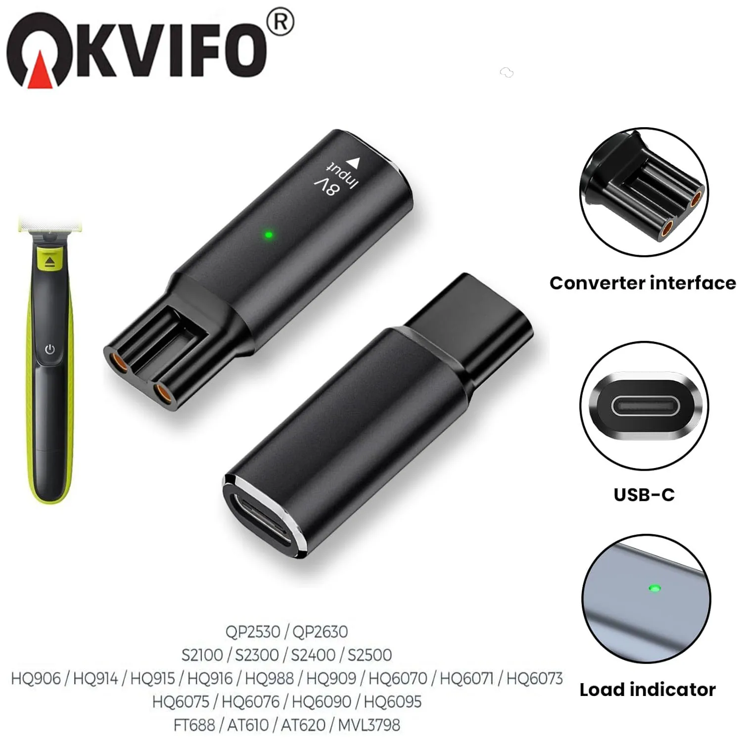 KVIFO NEW 8V HQ850 Type-C Shaver Charger Adapter Charging Converter for Philips Norelco Oneblade QP2630 QP2530 Electric Shaver