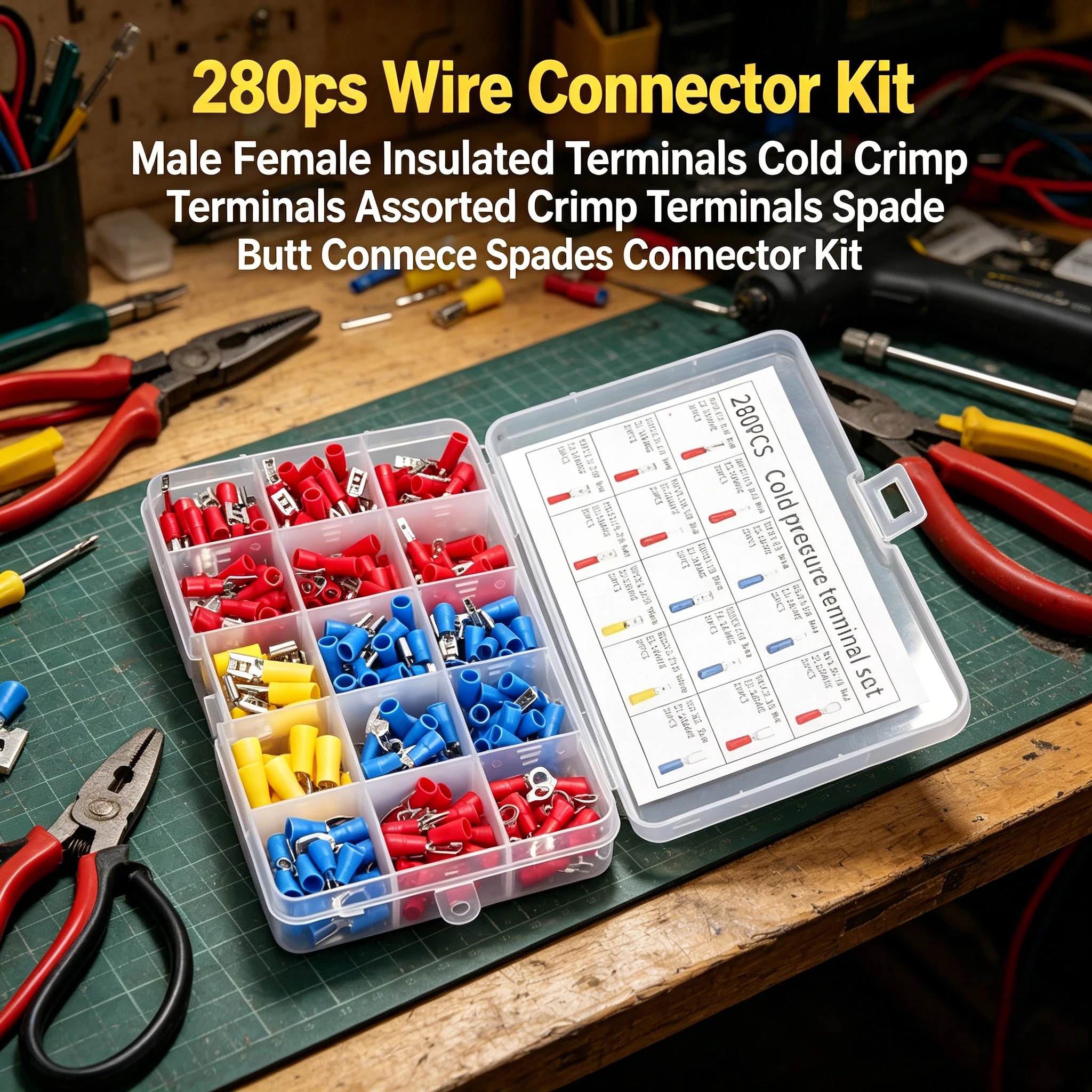 280pcs Insulated Crimp Terminal Kit, Spade & Wire Connectors, Copper Contact Termination Set for Car/Auto Electrical Cables