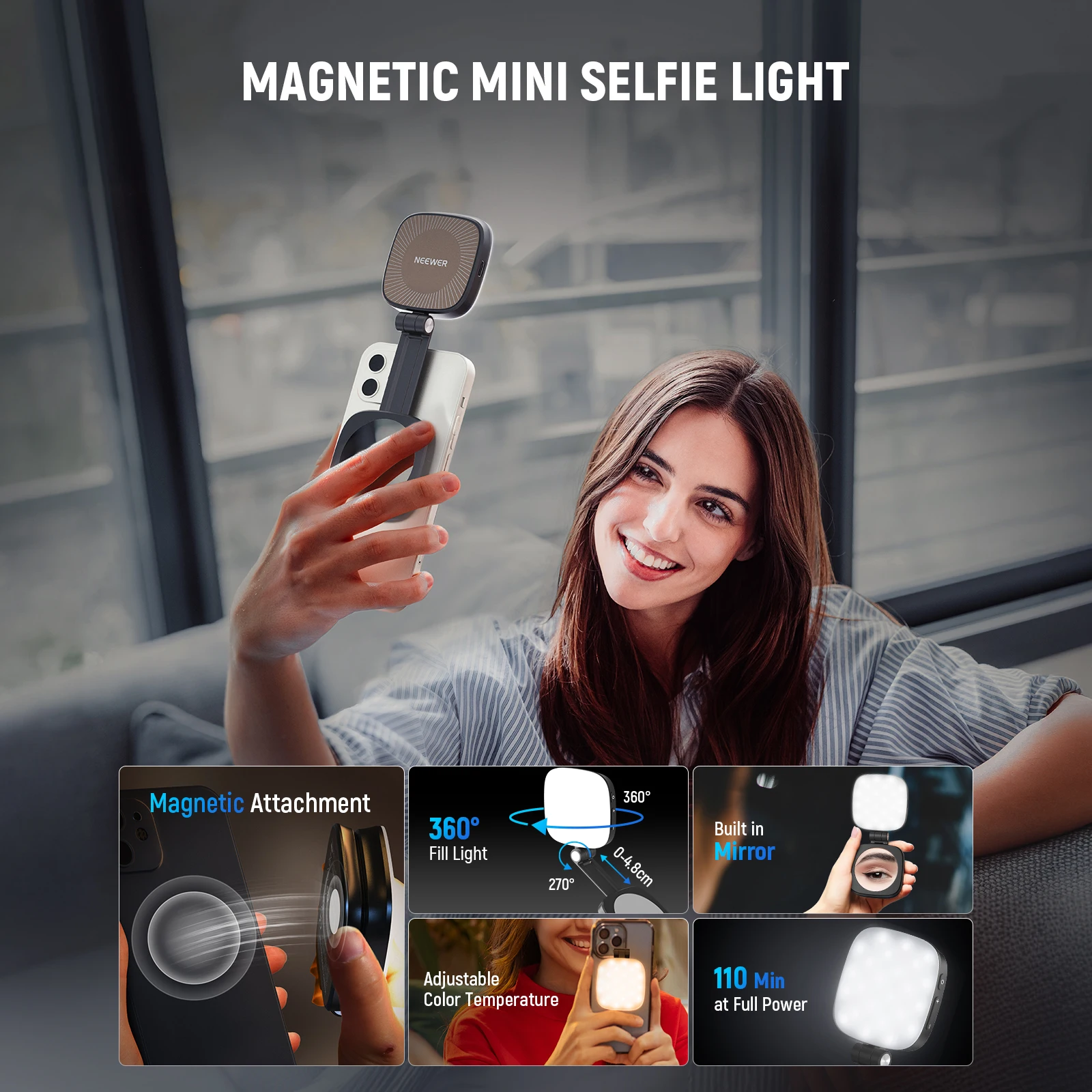 NEEWER Magnetic Selfie Light For MagSafe iPhone, CRI95 700lx Folding LED Phone Fill Ring Lighting with Mirror for Photography