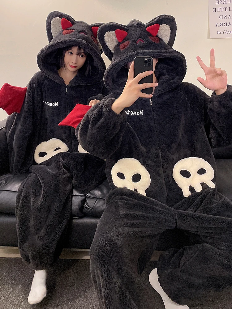 

DAIMELU hooded male pajamas set men's cartoon winter thickened coral fleece flannel boy one-piece loungewear suit sleepwear