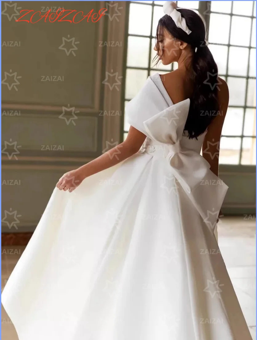 Customized Sleeveless One Shoulder Wedding Dress Split A-Line Bride Gow With Bow Long Train Bride Wedding Dress