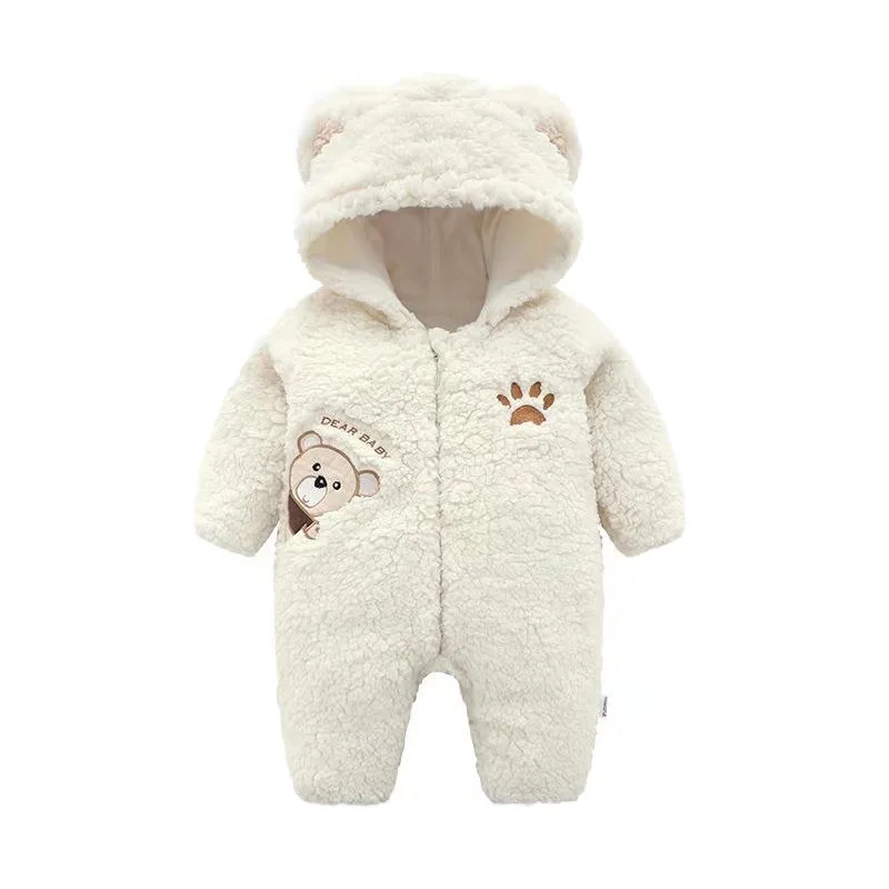 Lamb hair cartoon bear embroidered baby jumpsuit winter new girl baby long sleeved crawling suit thickened girl