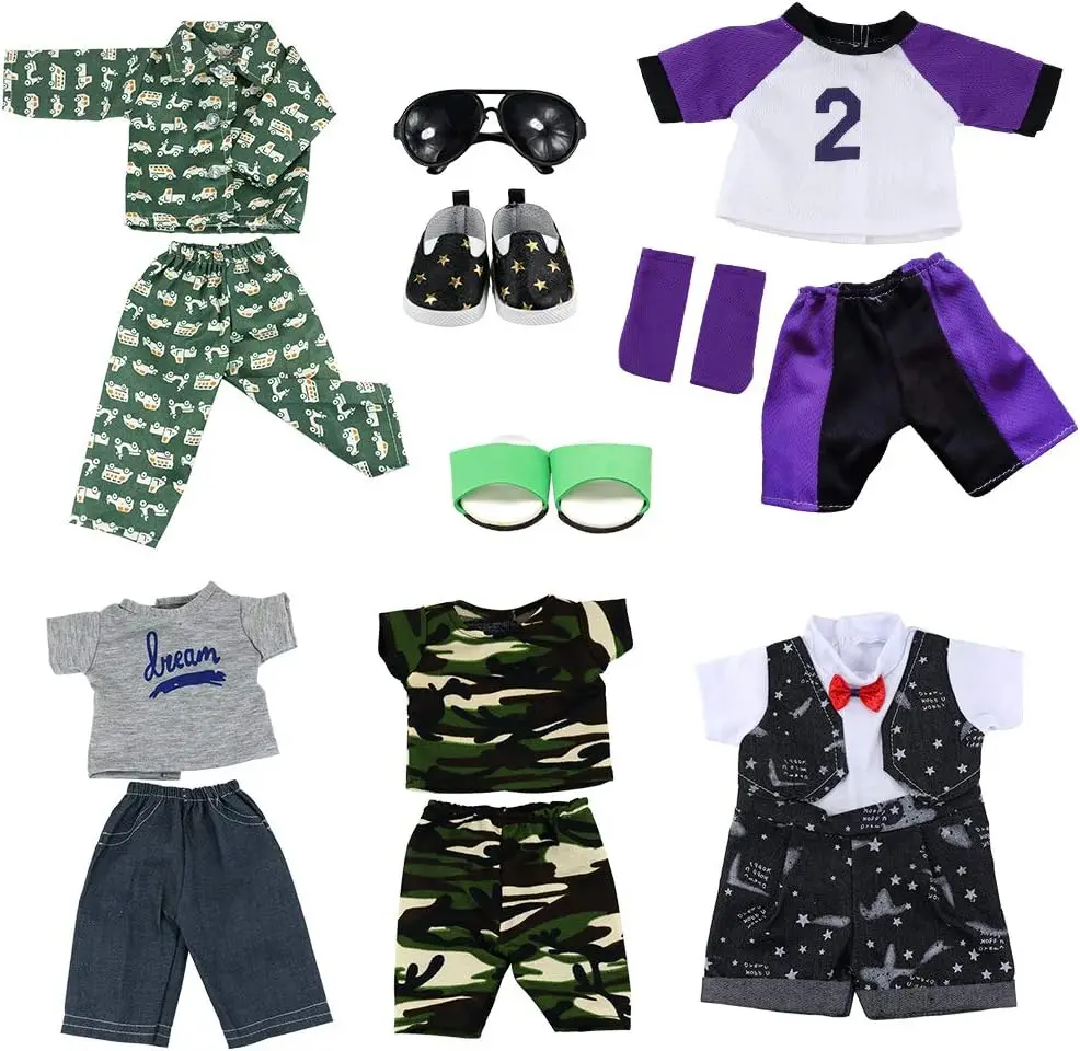 Barwa Boy Doll Clothes 5sets Boy Doll Clothes 2 Pairs Shoes 1 Pair Glasses Compatible for 18 Inch Boy Dolls Outfit