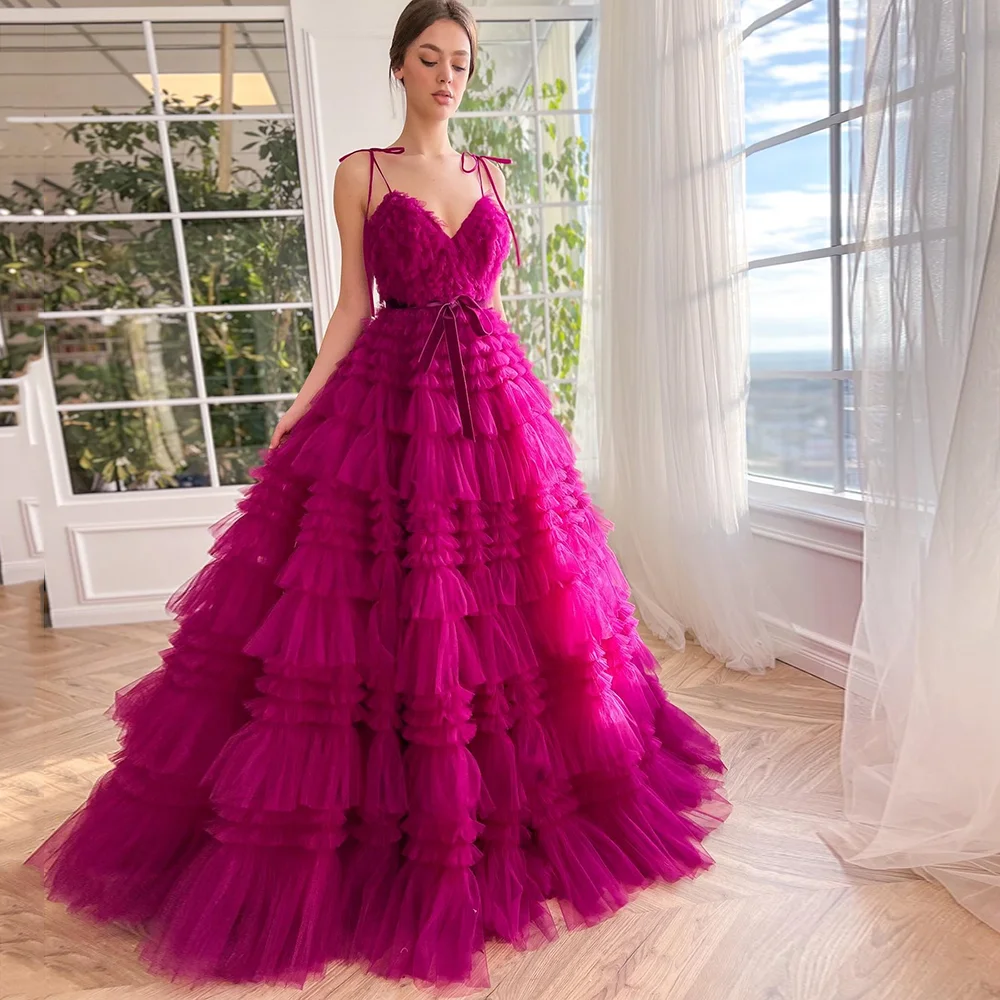 Customized Modern Ruffles Tulle A-Line Spaghetti Straps Fuchsia Tiered Long Party Gowns V-Neck Pleat Formal Evening