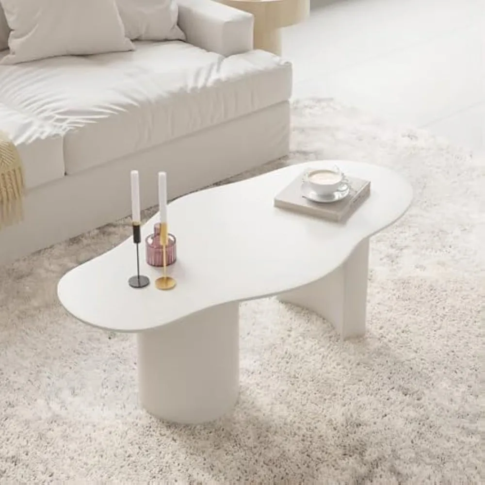 

47" Coffee Table, White Abstract Cloud Shape, Smooth Edge MDF Top, Sturdy Double Pedestal Base, Minimalist Coffee Table