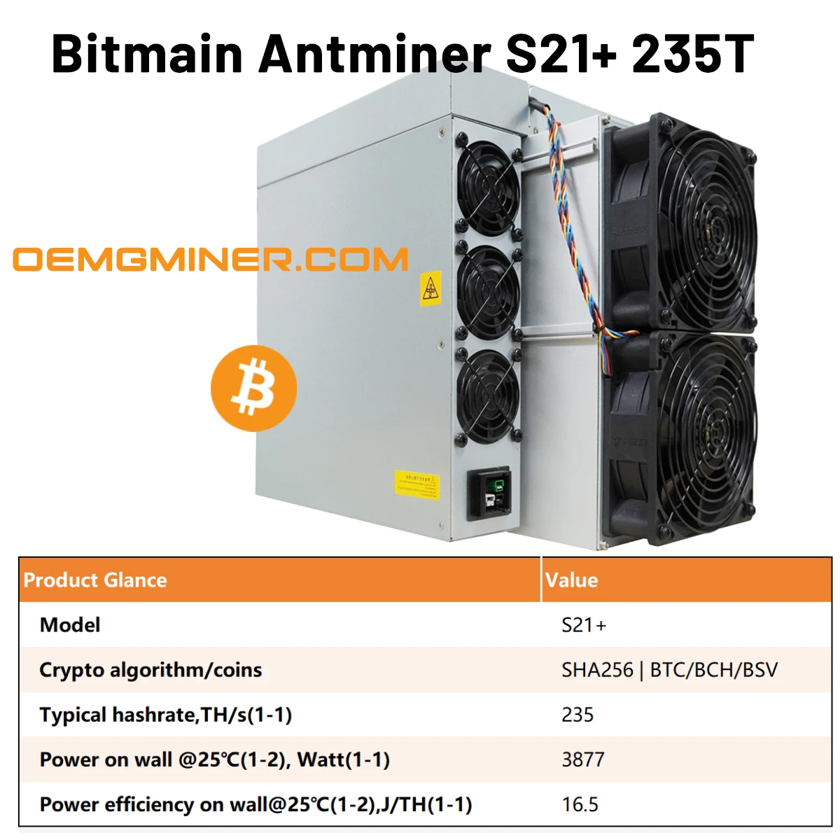 No Tariffs USA Stock Antminer S21+ BTC Miner Хешрейт 235Th/s Алгоритм 3877 Вт SHA-256 Bitmain Antminer S21+ Asic Miner