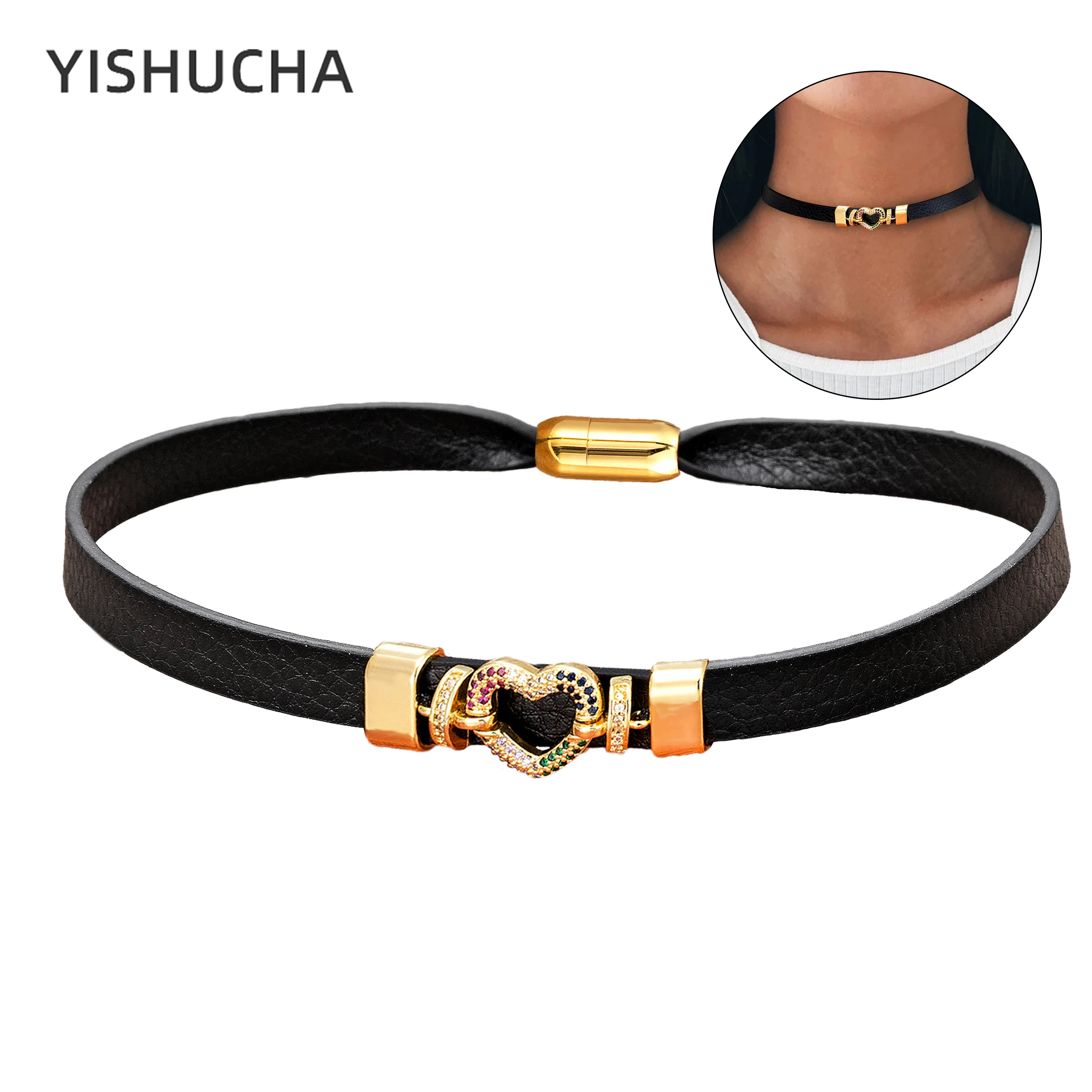 YISHUCHA New In Choker Necklace For Women Gold Plated Pave Zircon Love Heart Genuine Leather Necklace Punk Jewelry Female