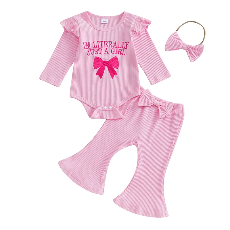 Baby Girls Fall Outfit Long Sleeve Embroidery Letters Bow Romper with Flare Pants and Headband Clothing Set