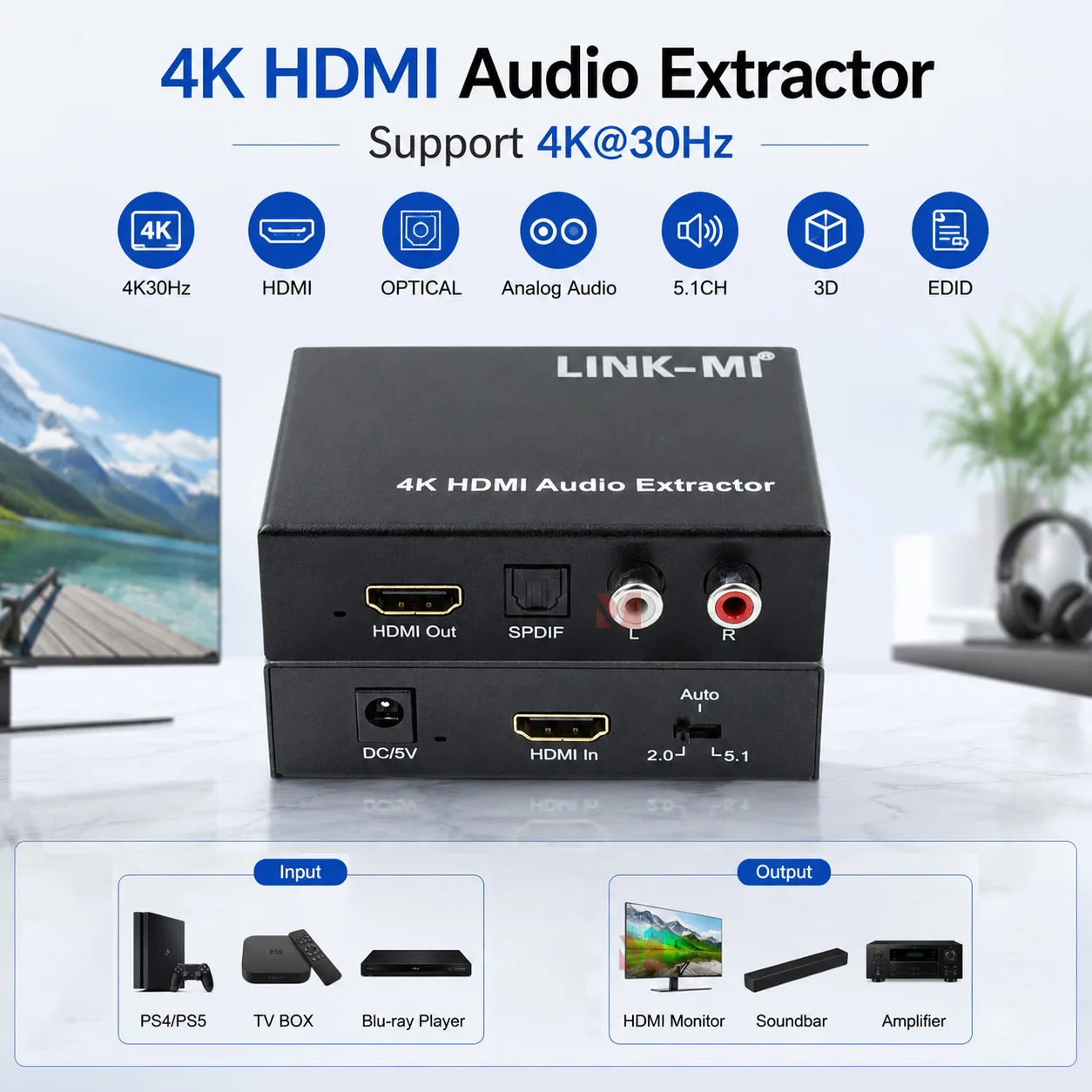 

4K HDMI Audio Extractor 2CH Analog Audio Video Audio Extractor support 3D EDID For Apple TV and various Blu-ray player