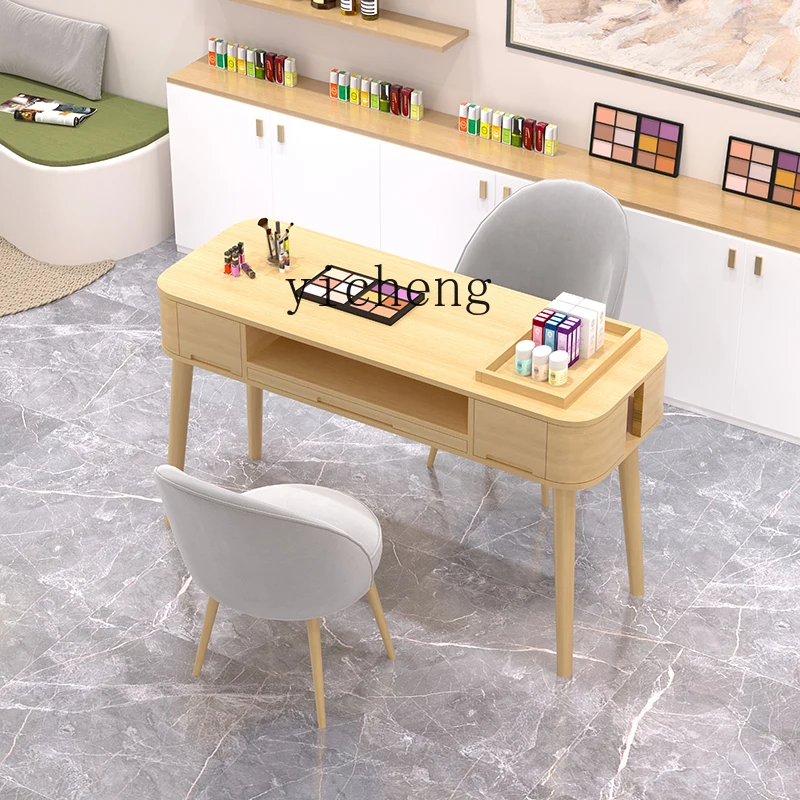 ZC Pure Solid Wood Nail Table Rounded Corner with Vacuum Cleaner Log Style Double Storage Solid Wood Nail Table and Chair Suit