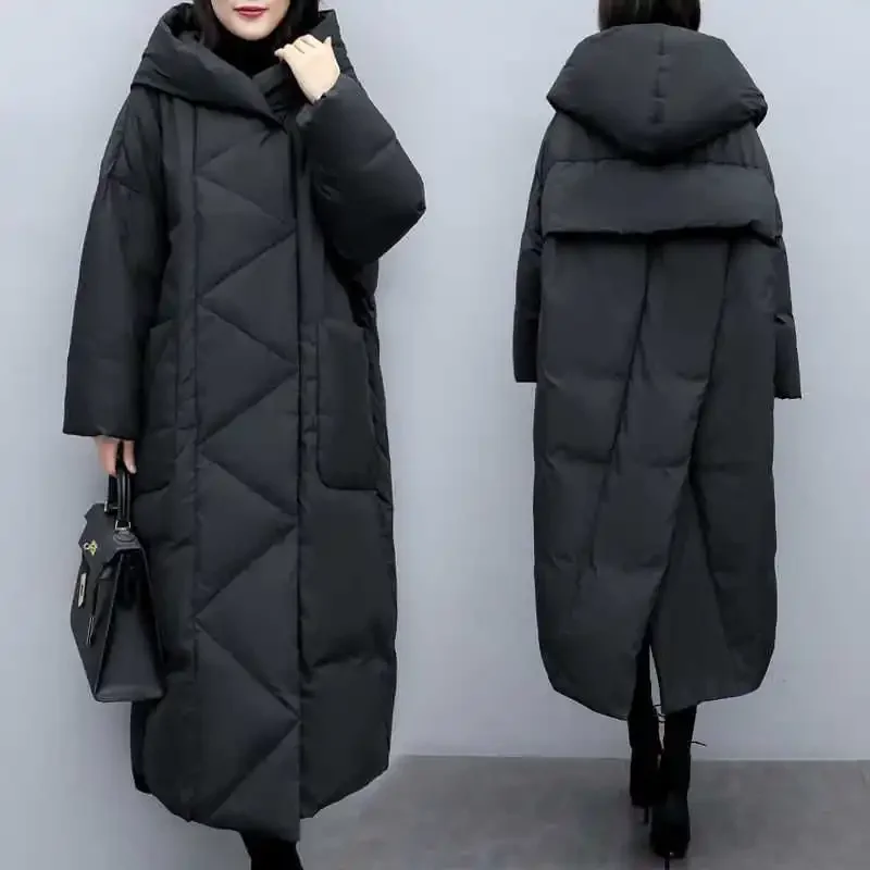 Long Thick Parkas Zipper Hooded Spliced Jackets Women Maxi Warm Loose Coats Pockets Autumn Winter Y2k Korean Coat Warm Parka