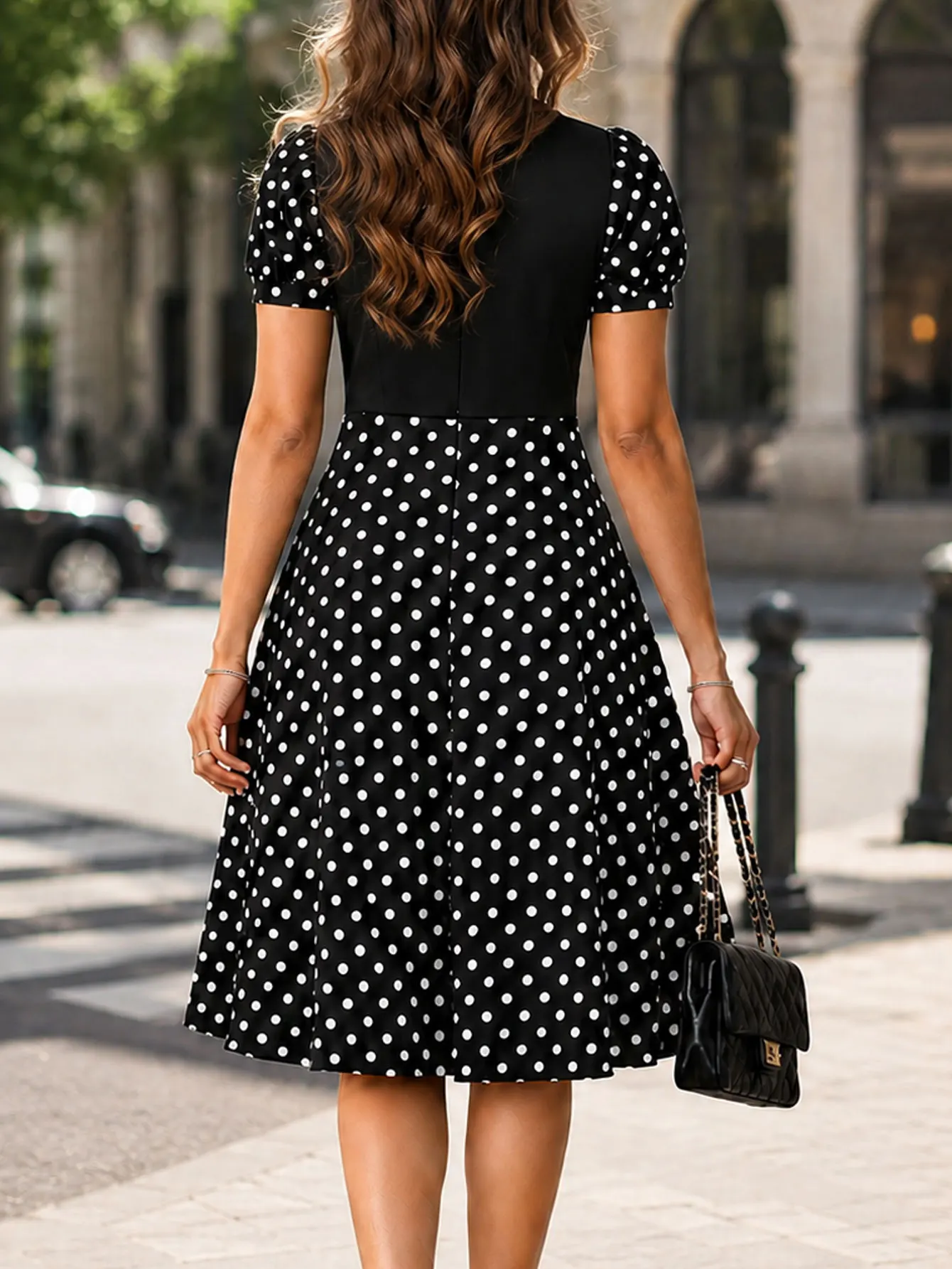 Women Vintage Square Neck Puff Short Sleeve Button Polka Dot Color Block Work Office Skater A Line Dress
