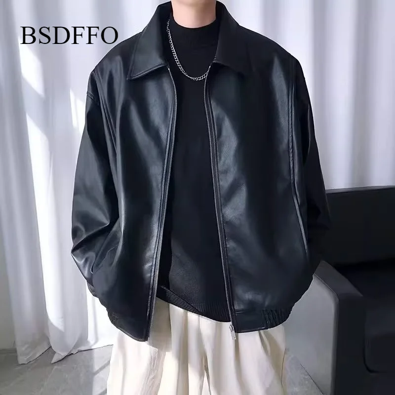 

BSDFFO men's leather jacket jacket slim-fitting lapel pu leather locomotive trendy handsome design sense niche design sense