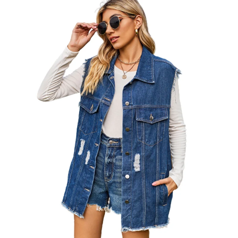 Women Cowboy Style Bust Splicing Double Pockets Denim Vest Female Fashion Broken Holes Lapel Single-breasted Cardigan Waistcoat