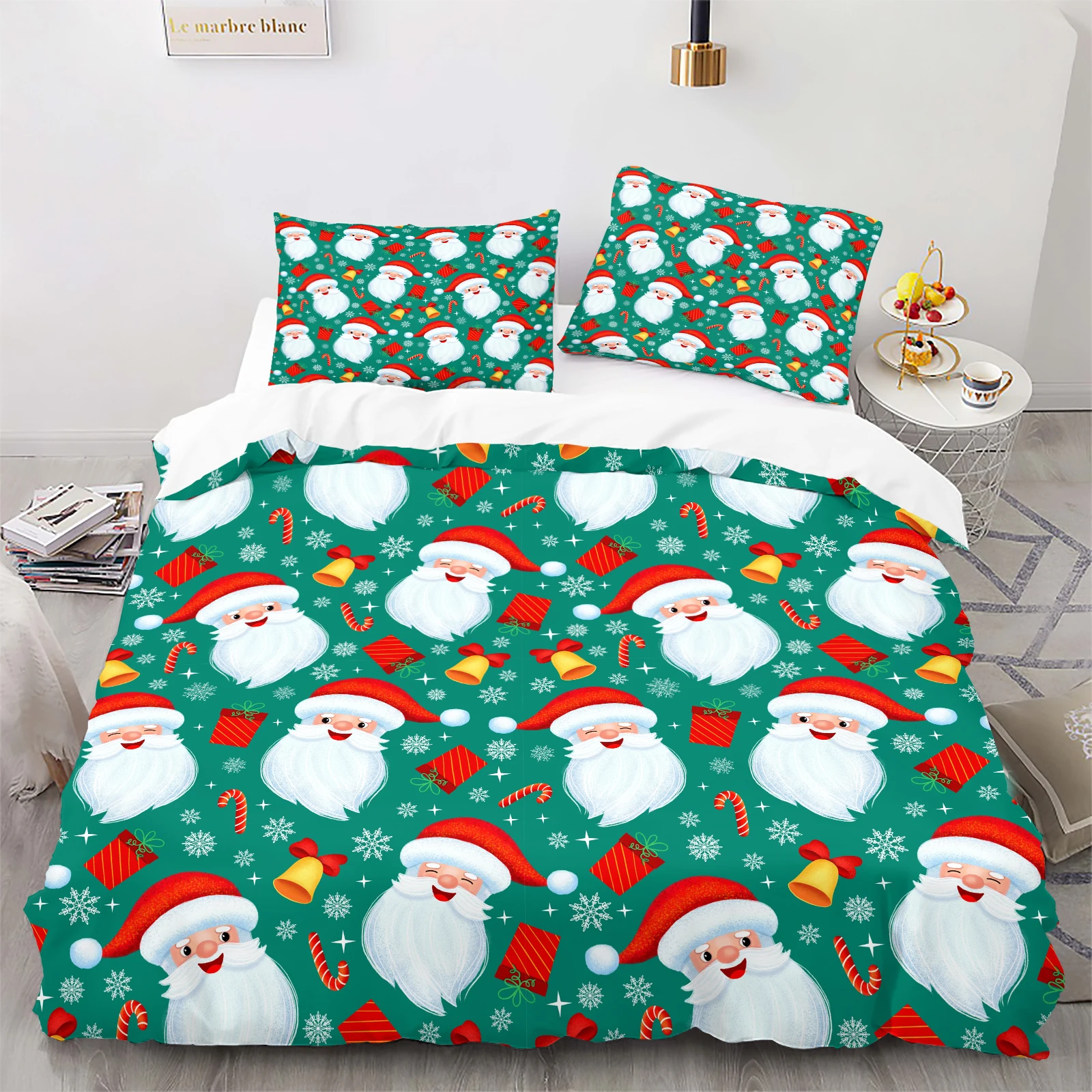 2/3Pcs Cheerful Santa Face Duvet Cover Set, Green Background with Bells & Gifts, Festive Holiday Bedding, No Duvet Insert
