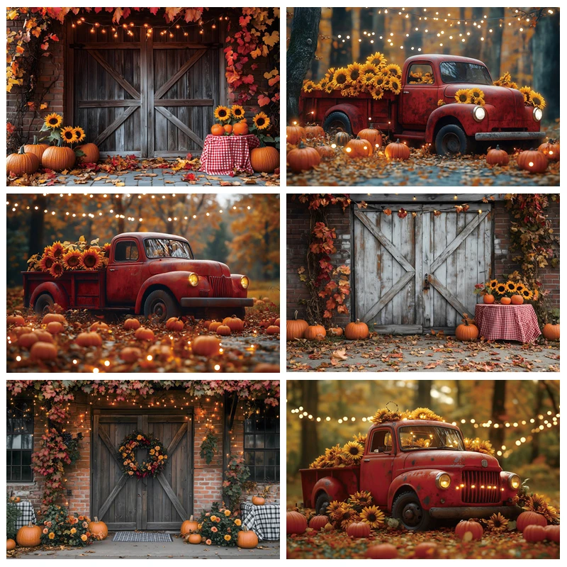 

Autumn Thanksgiving Photography Backdrop Red Truck Pumpkins Sunflower Fall Party Baby Portrait Photographic Background Photocall