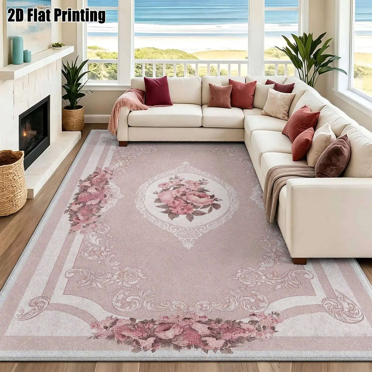 1Pc 2D Printed Pink Floral Pattern Carpet, European Vintage Style, Instagram Floor Mat, Home Decor, Multi-Size, Machine Washable, for Entrance, Living Room, Bedroom, Dining Room, Foyer