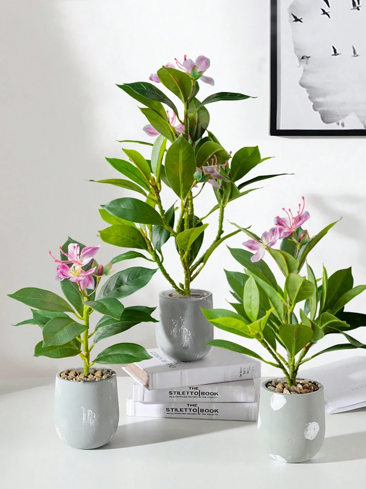 21-40cm Artificial Azaleas Plants Fake Rubber Tree Tropical Palm Leaves Faux Ficus with Flowers Plastic Green Plants for Home