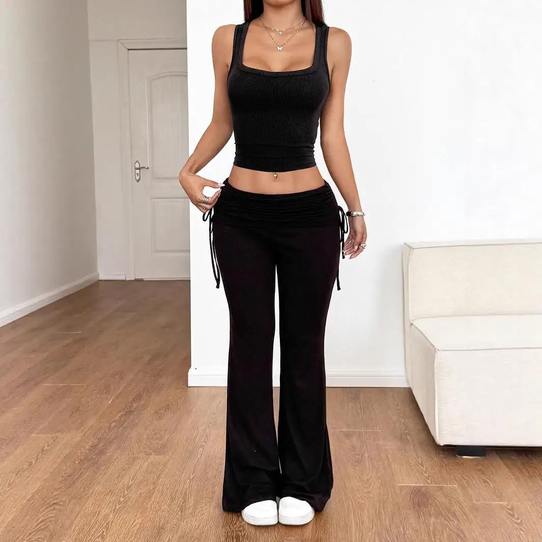 Pantaloni micro svasati casual di colore puro sexy Faionable Set Y2K da donna Set in due pezzi Pendolarismo Sle Tessuto in PVC a vita medio-bassa