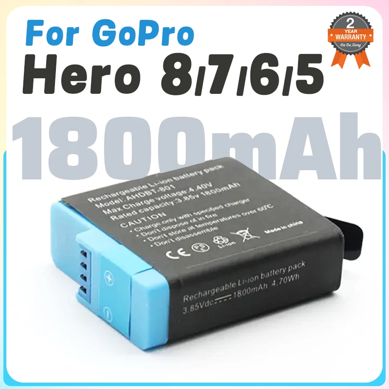 Аккумулятор для камеры GoPro Hero7 Hero6 Hero5 Hero8, 1800 мАч, черный, для GoPro 8 7 6 5, аксессуары AHDBT801, зарядное устройство