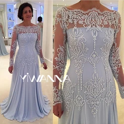 Vestido modesto de gasa con cuello de barco para madre de la novia, traje de noche elegante con Apliques de encaje personalizados para boda y graduación