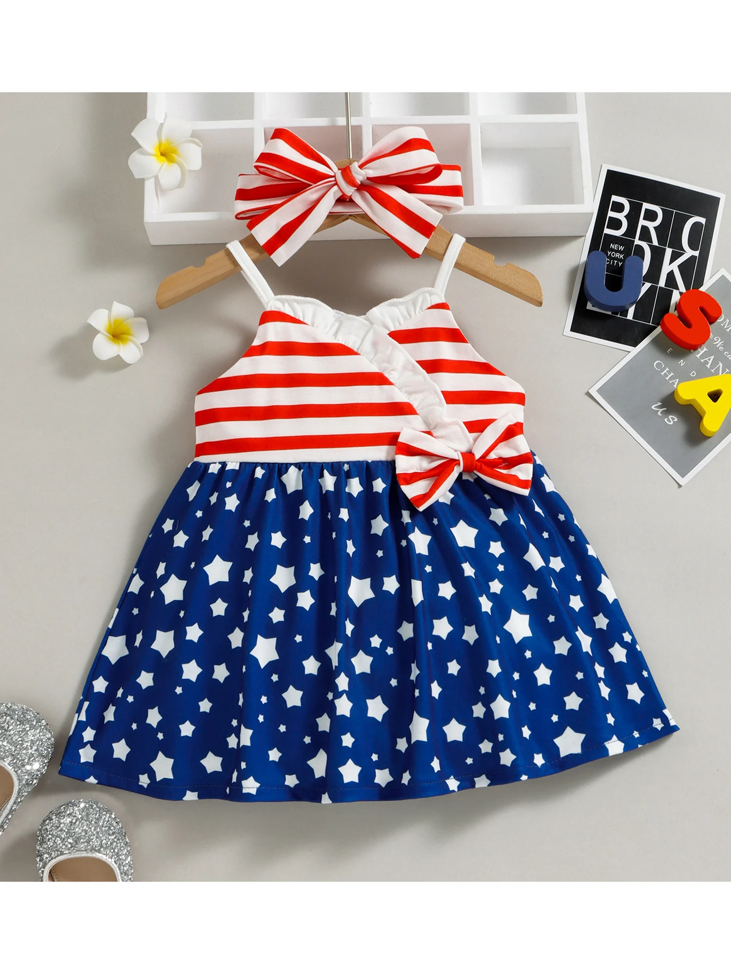 Children s Patriotic Dress Set with Striped Star Print Sleeveless Sling Dress Bow Headband - Fourth of July Outfit