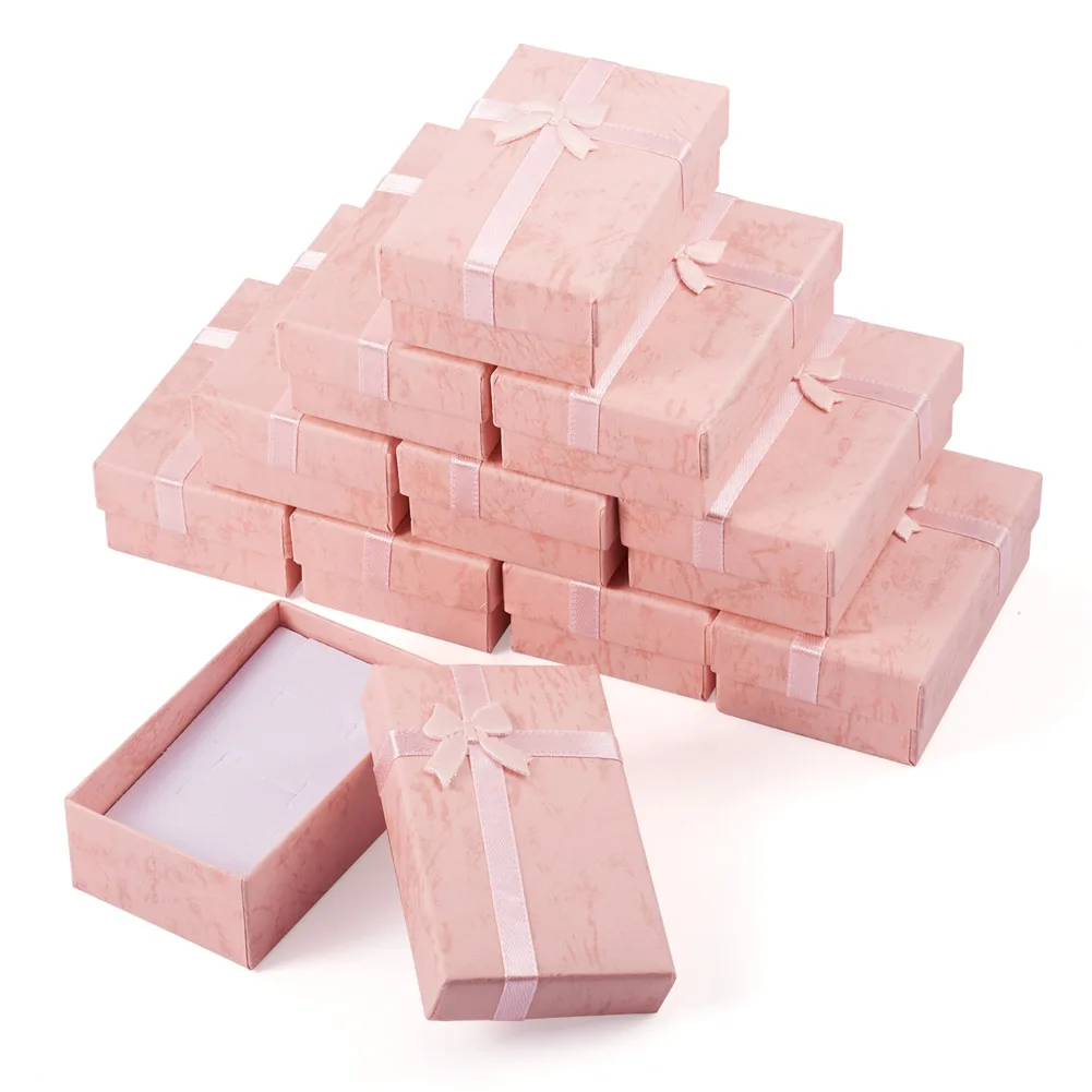 Pandahall 12Pcs Pink Square with Bowknot Paperboard Jewelry Boxes For Necklace Rings Earrings Box Beading Supplies Packaging