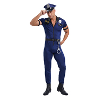 Mens Police Cosplay Costumes Cop Uniforms for Halloween Zipper Short Sleeve Jumpsuit and Manacles Badge 7Pcs Policeman Costume