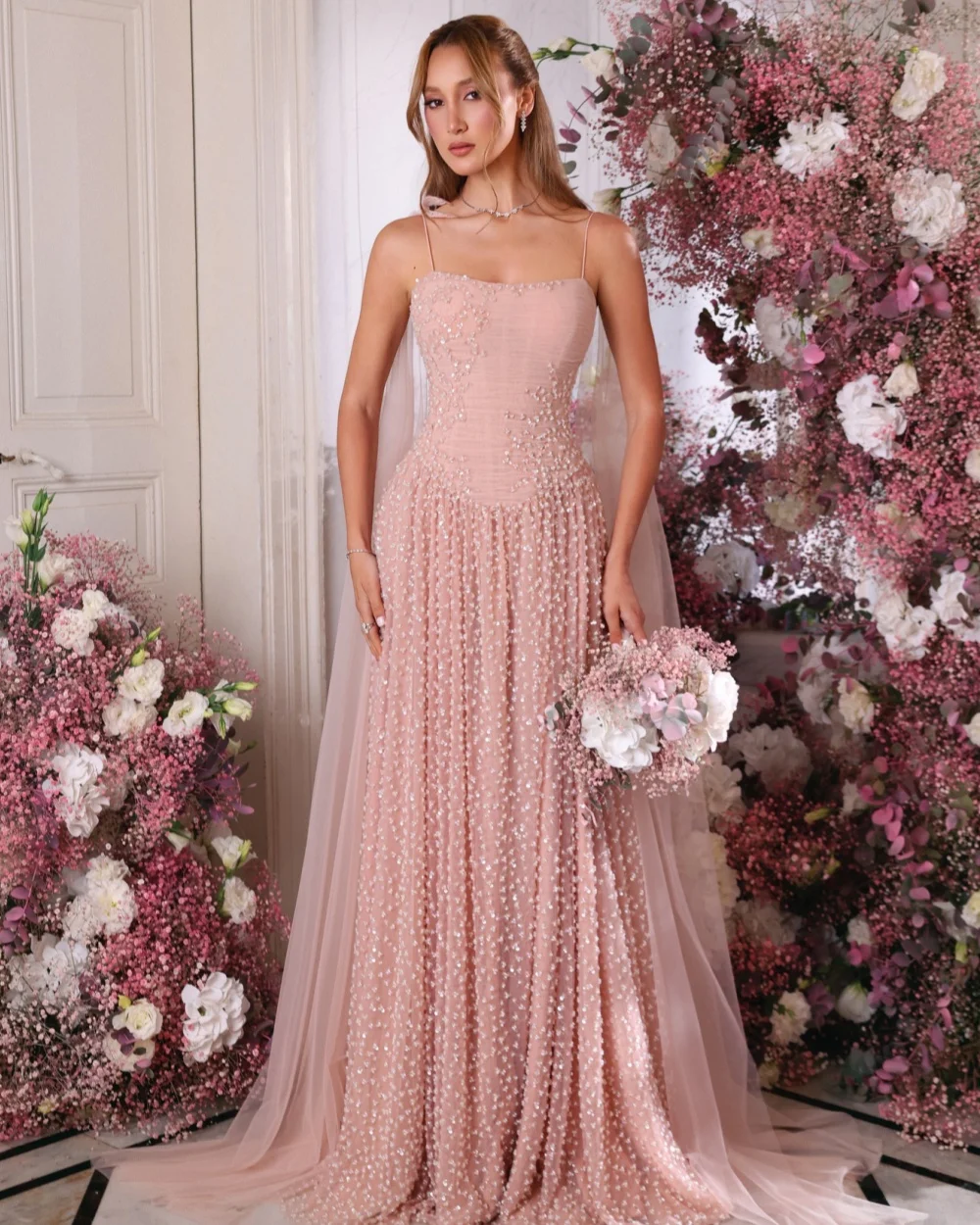 

Customized Elegant Women Tulle Beading Ruched A-Line Evening Dresses Modern Style Sexy Spaghetti Strap Sleeveless Prom Dresses