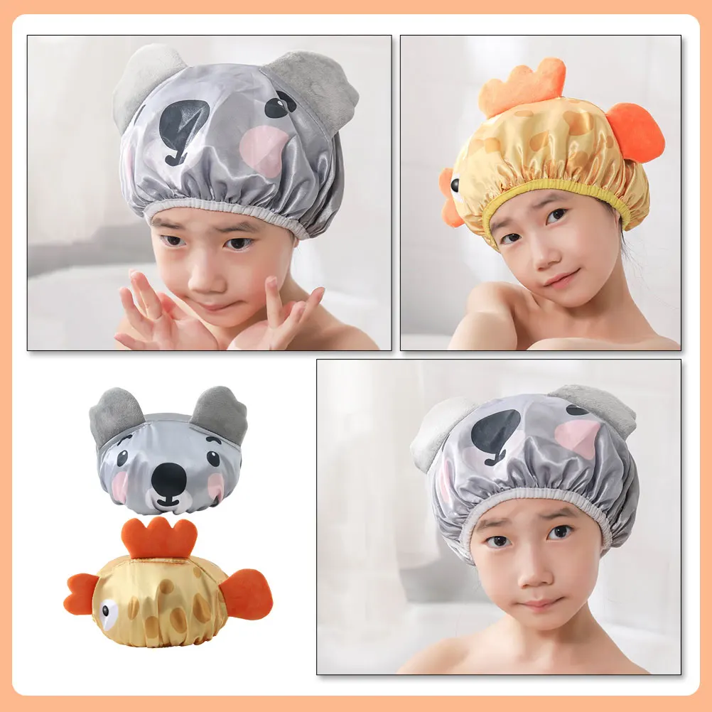 

2pcs Kids Shower Cap Cartoon Bath Hat Elastic Lightweight Portable For Children Sleep Reusable Hair Cover Bathing Cap For
