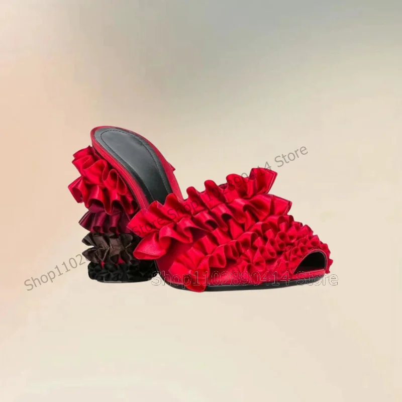 다크 브라운 플리츠 러플 디자인 엿가락 슬리퍼, 슬립온 여성 신발, 청키 하이힐, 런웨이 2024, 새로운 패션