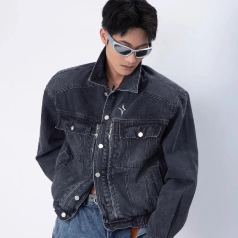 Heavy Weight Washed Denim Jacket Mens Multi Pocket Metal Zipper Design Hip Hop Cowboy Coats Retro High Street Bomber Outwear