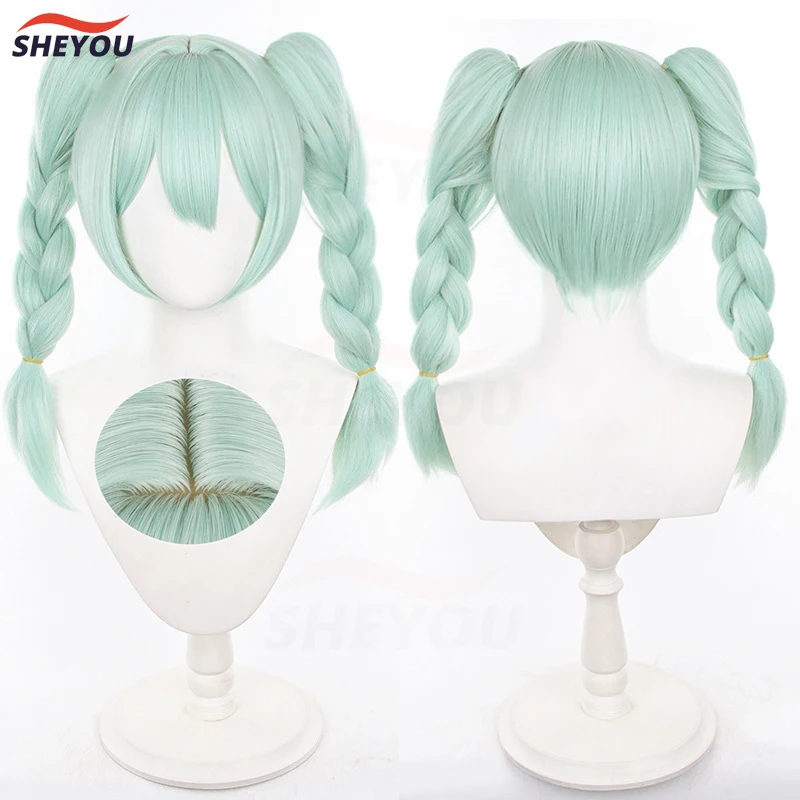 

Miku Bunny Cosplay Wig Light Green Long Pre Braided With Double Ponytails Heat Resistant Synthetic Hair Anime Wigs + Wig Cap