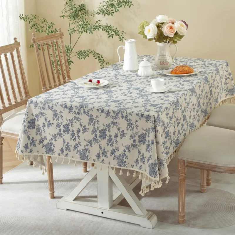 Polyester Linen Lace Edge Tablecloth, Rectangular Tassels Dust-Proof Table Cover,for Party Kitchen Dinning Table Home Decor