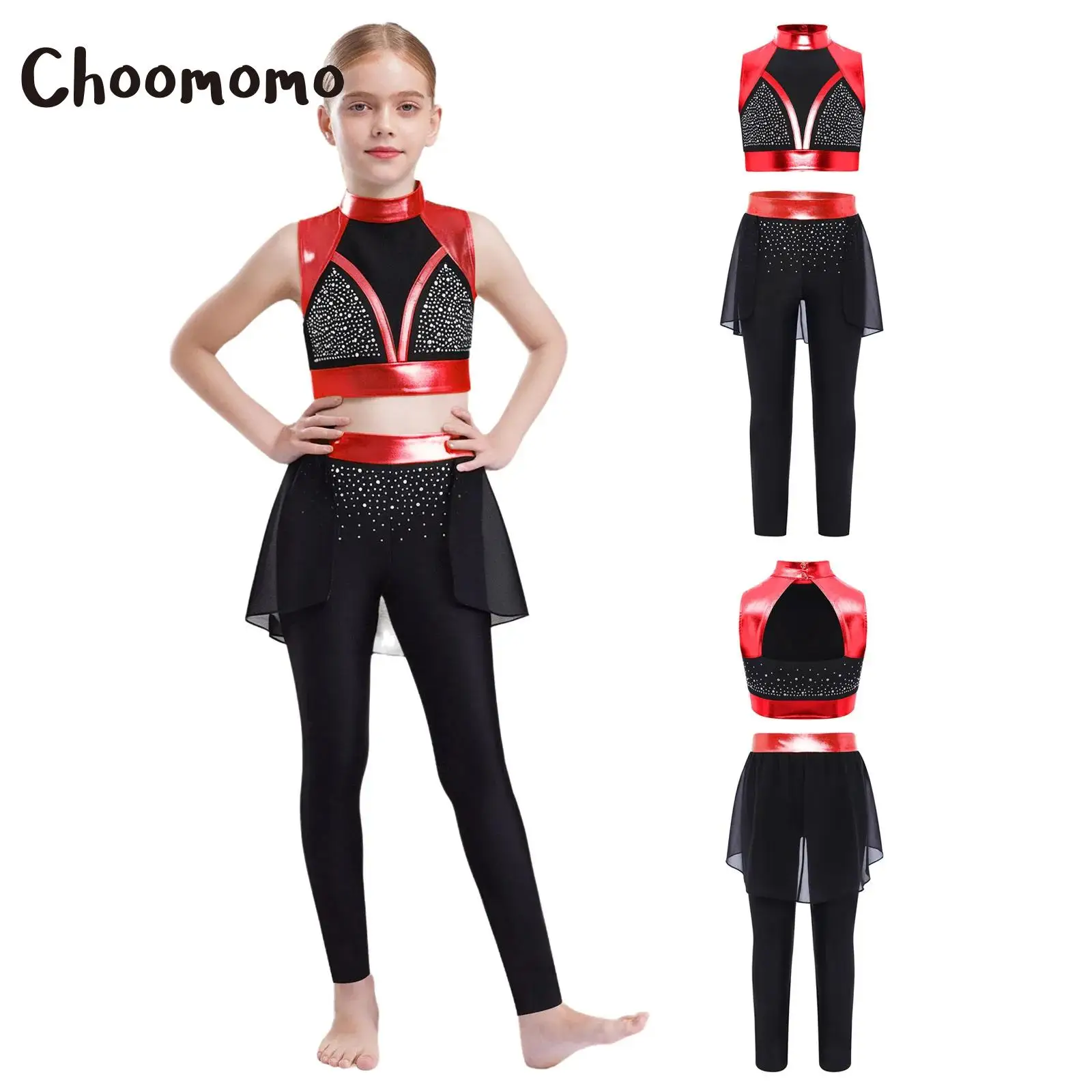 

Ballet Dance Sets Figure Skating Performance Costume for Kids Girls Sleeveless Cutout Back Rhinestone Metallic Crop Top Pants