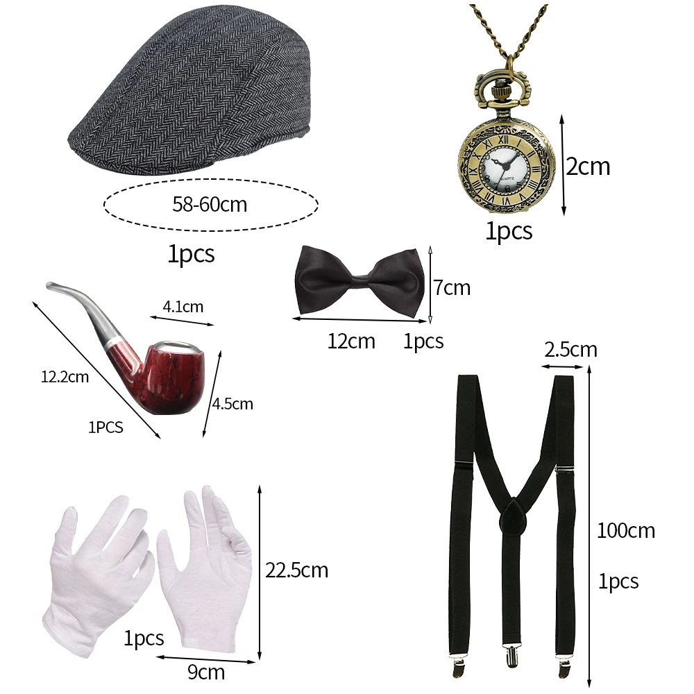 PESENAR cosplay Holiday party old man costume 1920s Grandpa accessory set Beret hat glasses Eyebrow strap pocket watch