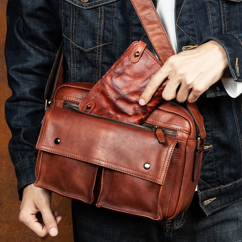 Retro vegetable tanned leather shoulder bag men's leather messenger bag leisure Korean men's bag small backpack