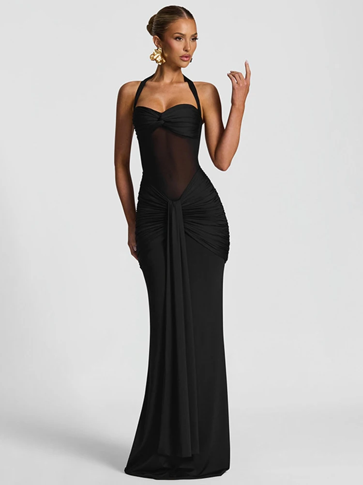 Sisterlinda Ruched Elegant Long Dresses Women Halter Off Shoulder Backless Mesh Patchwork Ribbon Midnight Prom Party Vestidos