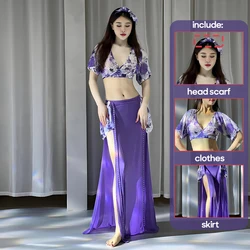 Belly Dance Practice Clothes Summer Printed Mesh Practice Suit Set Class Uniform For Adult Sexy Costume Women Dance Wear