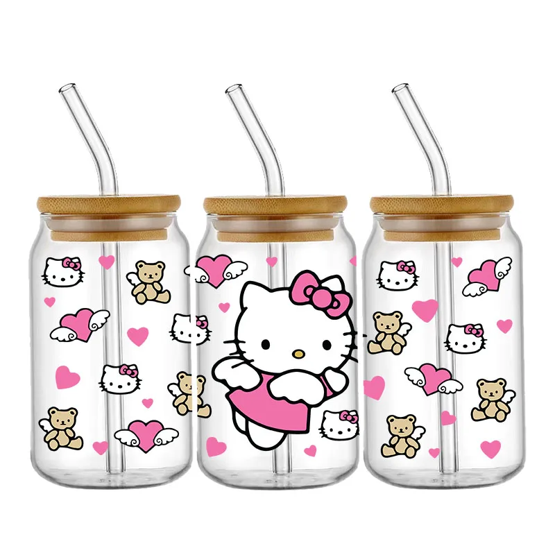 Miniso Hello kitty Valentine's Day UV DTF Transfer Sticker For 16oz Glass Cup Wrap Decal DIY Permanent Selfadhesive Waterproof