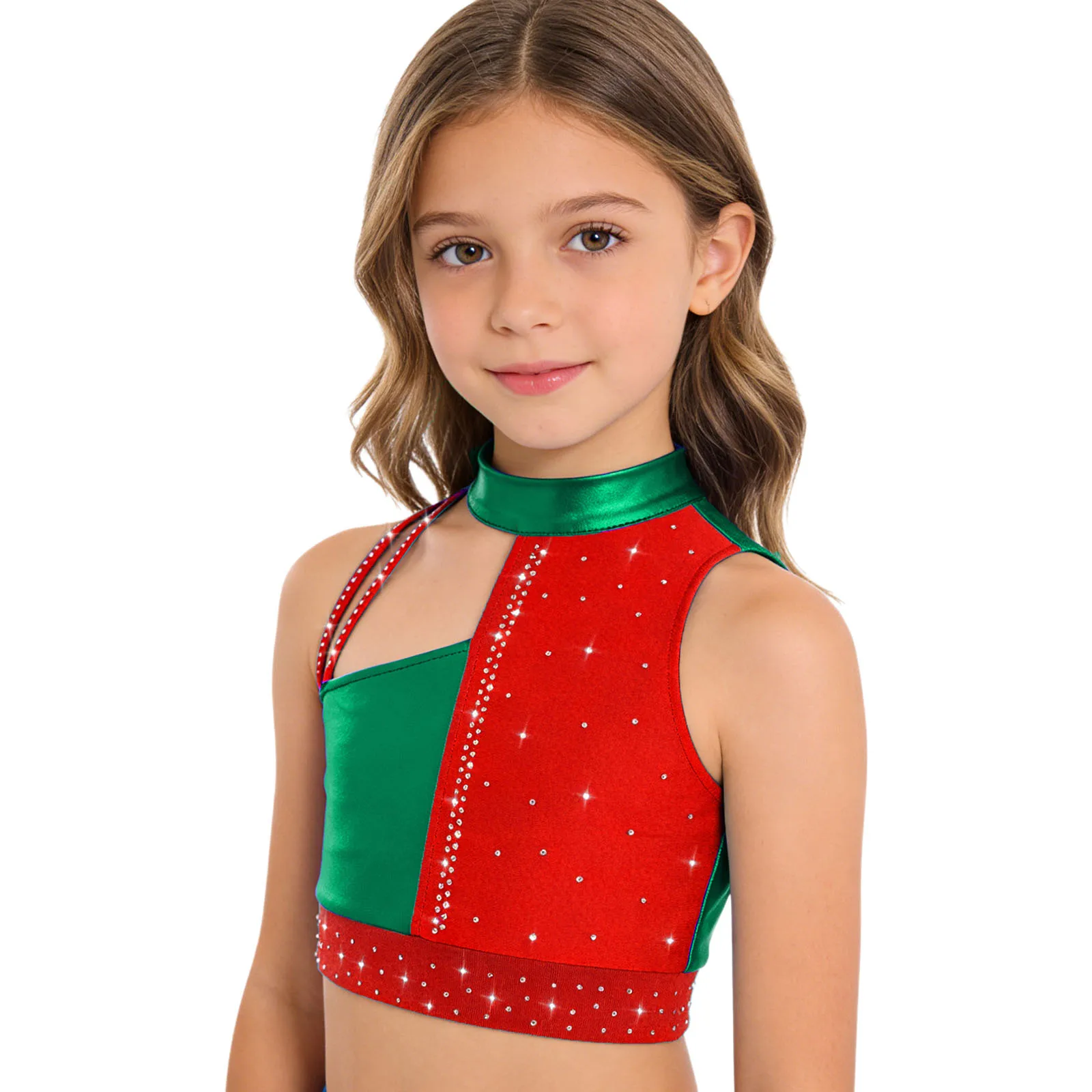 

Kids Girls Disco Street Dance Outfit Mock Neck Sleeveless Metallic Color Block Crop Top with Shorts for Hip Hop Jazz Dance Shows
