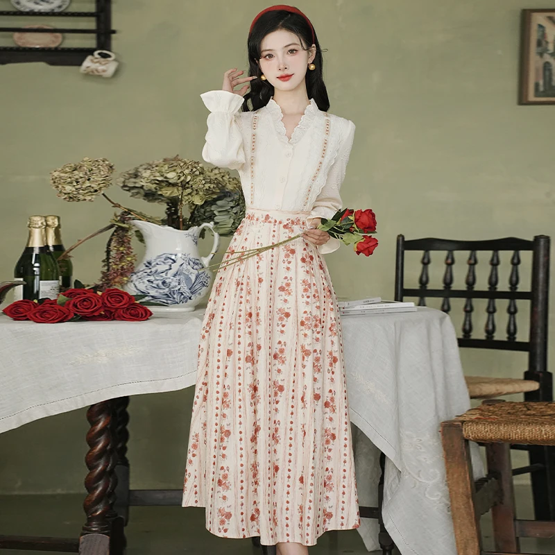 

Retro Lace Floral Print irt And Skirt Set Women's Faion Spring Collection Beautiful f Skirt Matching Floral Top