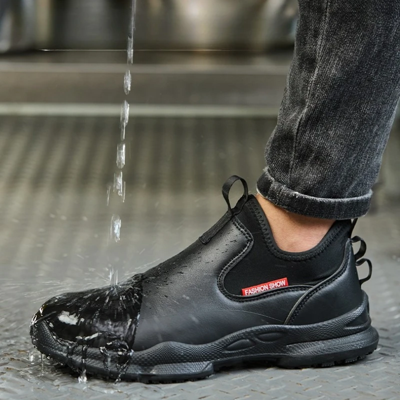 

Non-slip chef shoes waterproof kitchen work shoes light comfortable safety shoes anti puncture black leather boots for men women