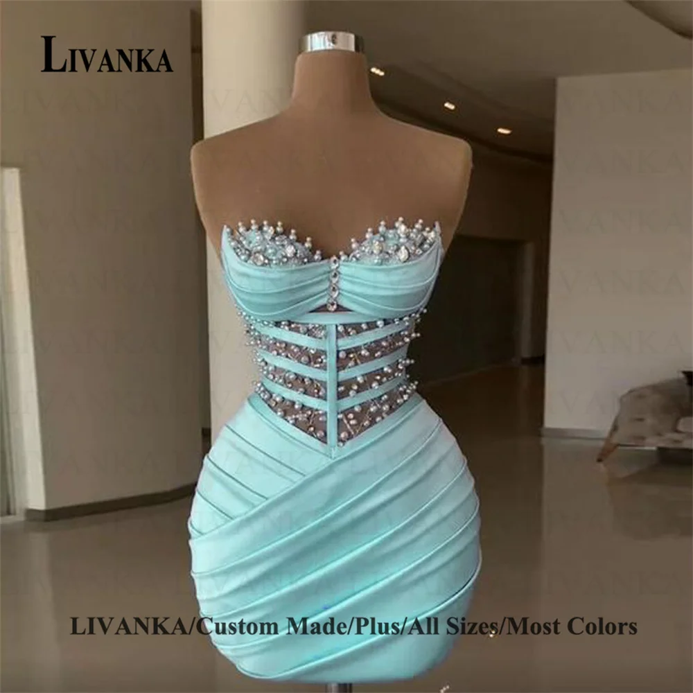 LIVANKA  Fashionable Sheath Homecoming Dresses For Women Pearls Pleat Ruched Satin Vestidos De Festa Customized Plus Size