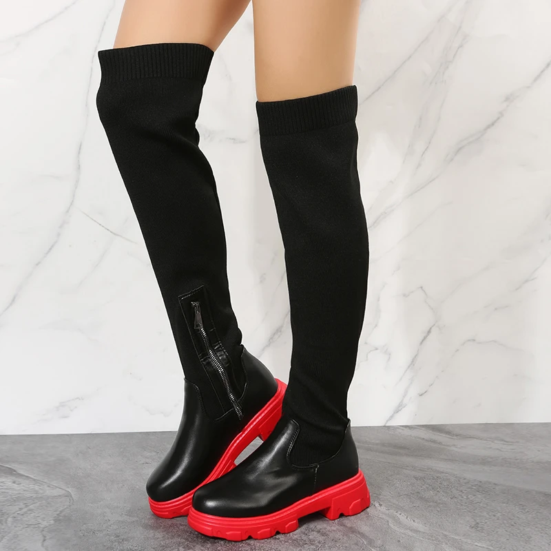 Zakolanówki buty damskie Over-the-knee długie buty na platformie skarpetki dziewiarskie Chunky Red New Rock eleganckie Goth Plus rozmiar Lolita